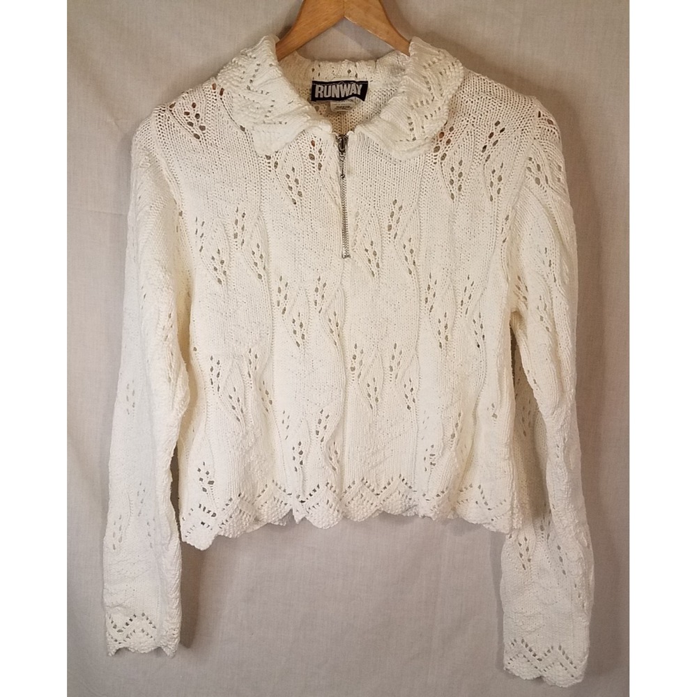 Runway Vintage Y2K Women's Medium Crop‎ knit Sweater White Shirt Top 3/4 zip